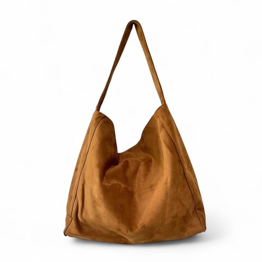 Large brown faux suede shoulder bag with boho vibe - New
